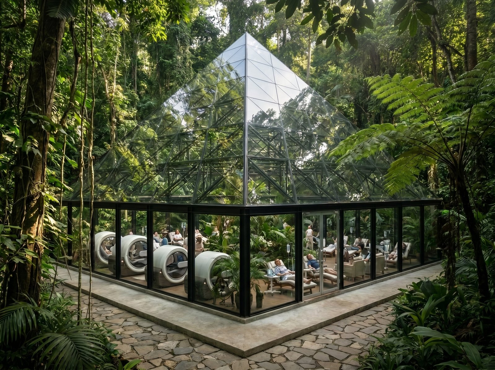 Holistic Health Hub Bali — glass pyramid facility with hyperbaric chambers in tropical jungle setting