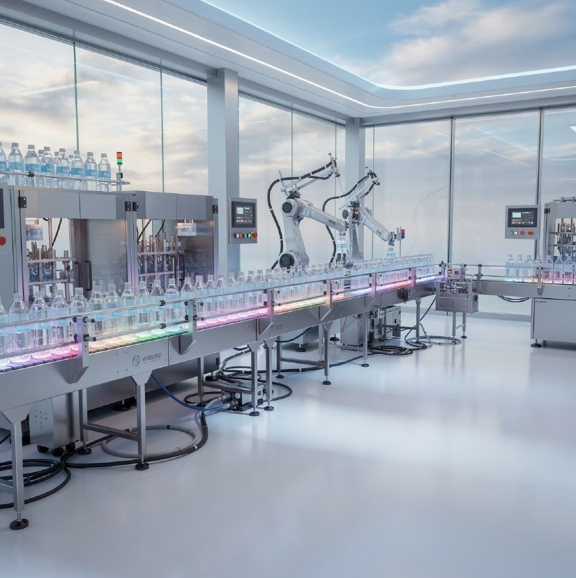 HION Water precision bottling facility — robotic production line with rainbow-lit conveyor