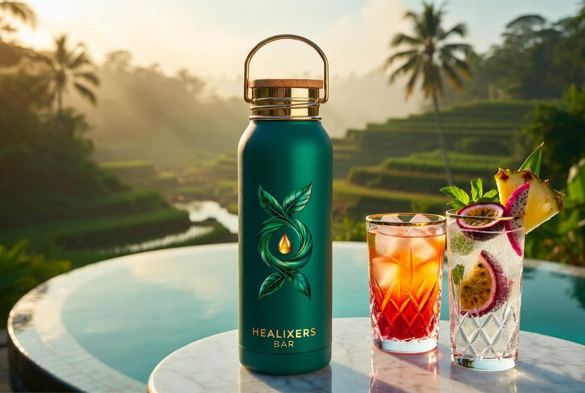 Healixers Bar — bottle and cocktails by the pool, Bali