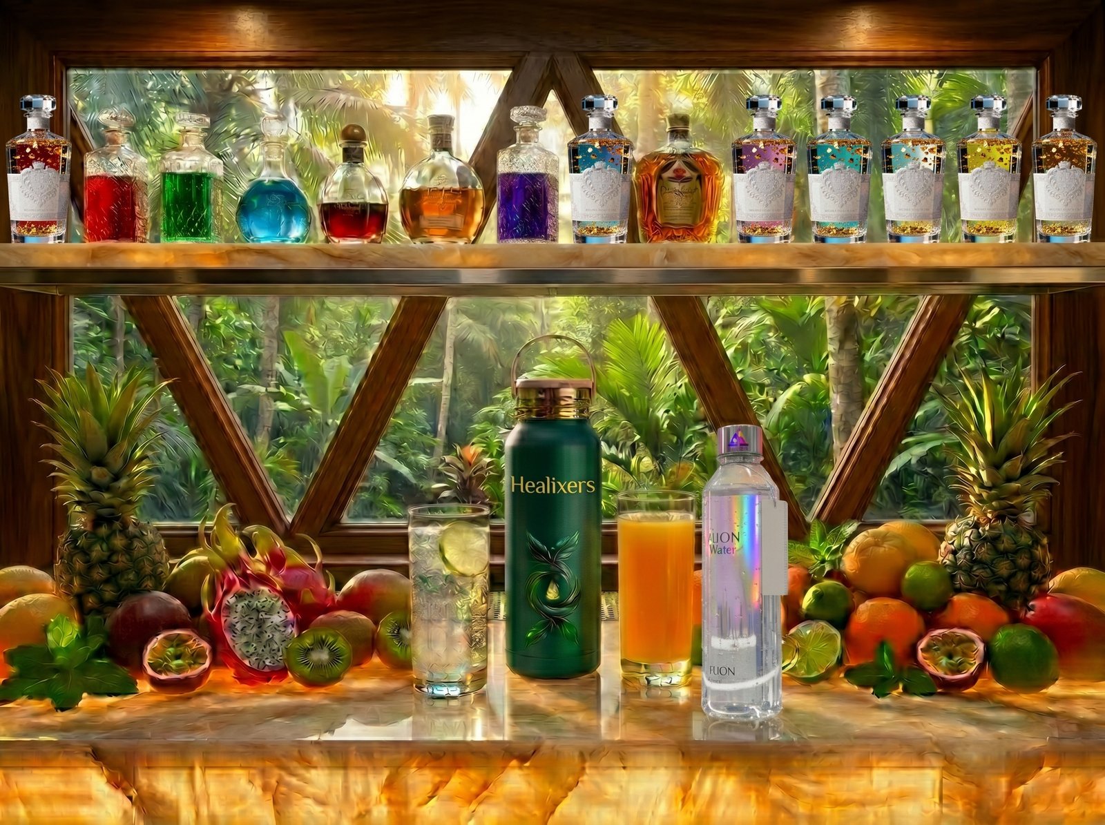 Healixers Bar — the full spread: spirits, Healixers bottle, HION Water and tropical fruit inside the Pyramid