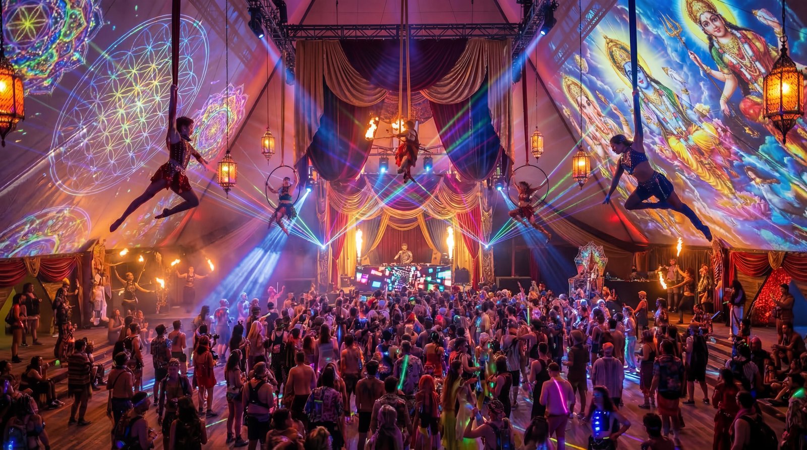 Inside the Mahabali Pyramid — aerial performers, sacred projections, fire dancers and a live DJ