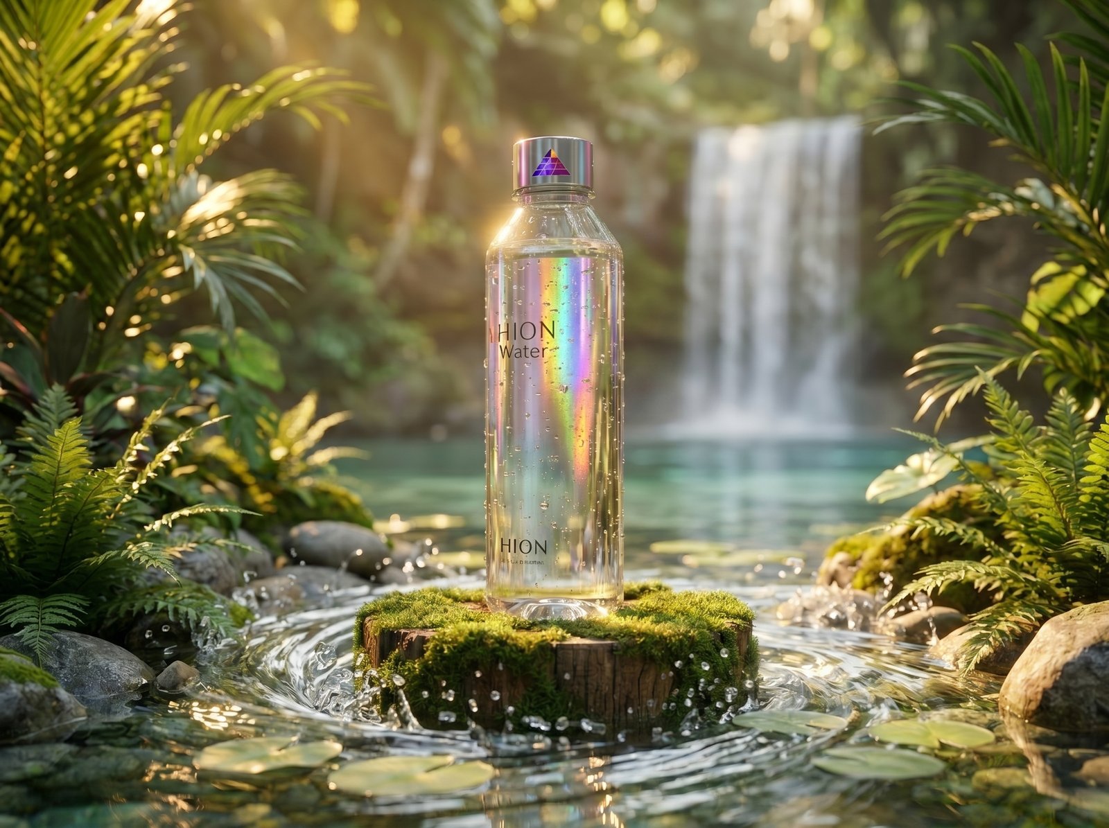 HION Water bottle standing in a natural jungle stream with waterfall, rainbow light refracting through glass