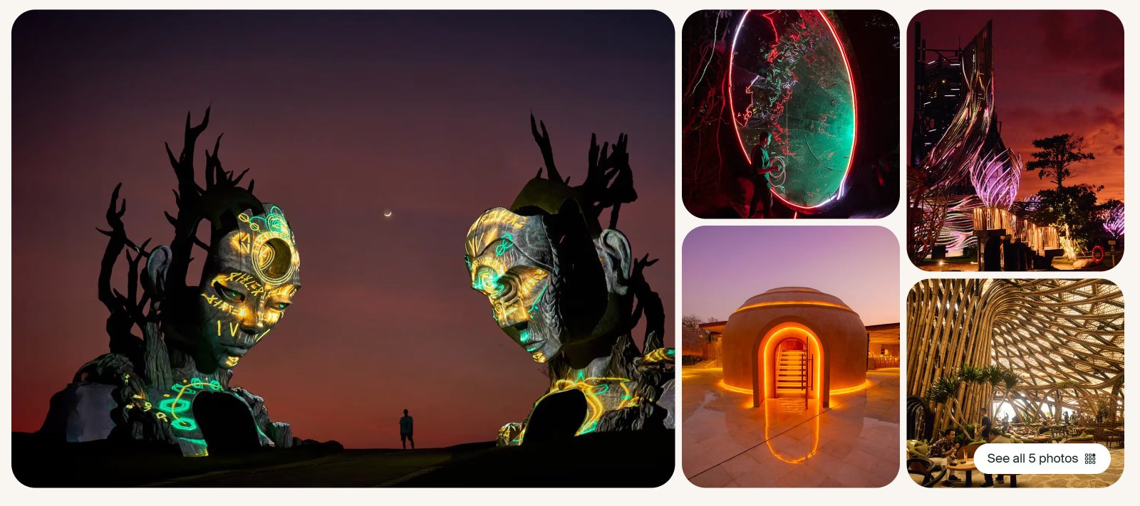 Nuanu Creative City — Earth Sentinels sculpture at sunset, Aurora Media Park, THK Tower, Lumeira dome, Luna Beach Club bamboo interior